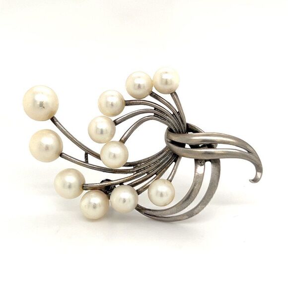Mikimoto Estate Akoya Pearl XL Spray Brooch Sterling Silver 7.62 mm M265 - Picture 13 of 13